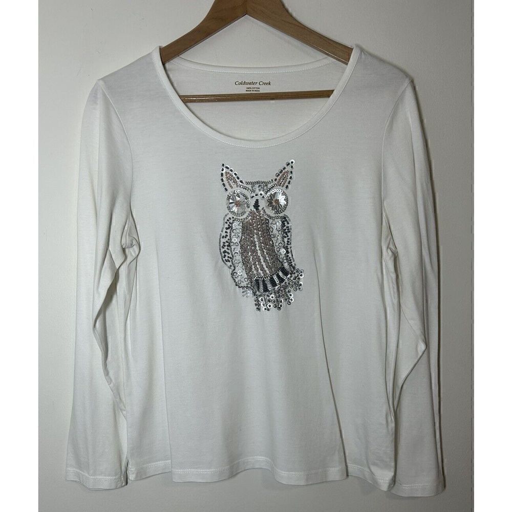COLDWATER CREEK White Top T-Shirt Sequins Beads Embellished Owl PM P10-12